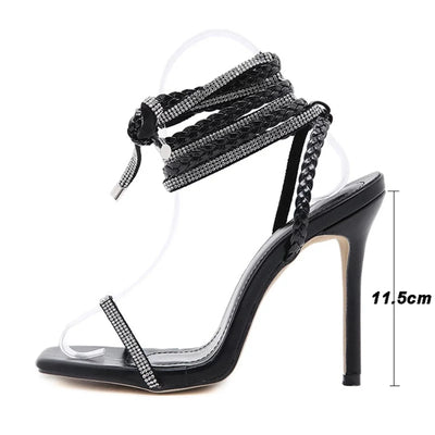 Women Rhinestone Lace up Feather Heels Sexy Strappy High Stiletto Heel Sandals Dress Shoes Open Toe Party Wedding Pump,Black Sandals for Girls,Size 9.5-10