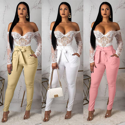 Women'S Casual Full Length High Waist Tie Knot Skinny Pants with Pockets White