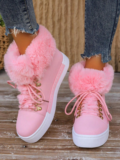 Women'S Fashion round Toe Platform Snow Boots, Mid-Calf Height Faux Fur Trim, Lace up Tiger Mouth Design, Rubber Sole with Stitching, for Casual, Outdoor Snow, Office, Comfortable & Warm, Perfect for Autumn/Winter, Fashionable Pink Snow Boots