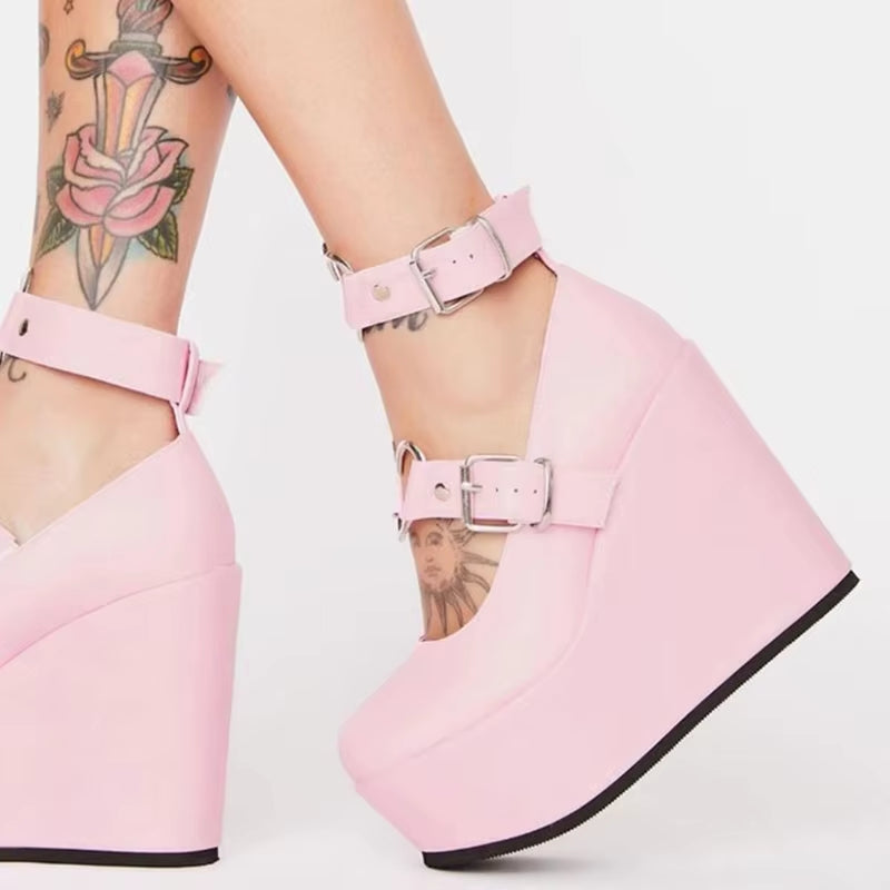 Female Lolita Cute Women Pumps Platform Wedges High Heels Pumps Sweet Gothic Cosplay Shoes Woman Cosplay Dress Shoes