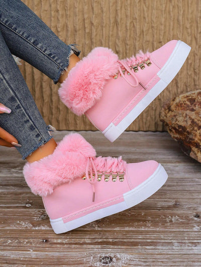 Women'S Fashion round Toe Platform Snow Boots, Mid-Calf Height Faux Fur Trim, Lace up Tiger Mouth Design, Rubber Sole with Stitching, for Casual, Outdoor Snow, Office, Comfortable & Warm, Perfect for Autumn/Winter, Fashionable Pink Snow Boots