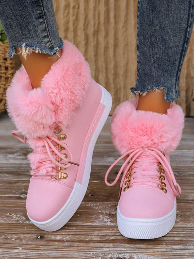 Women'S Fashion round Toe Platform Snow Boots, Mid-Calf Height Faux Fur Trim, Lace up Tiger Mouth Design, Rubber Sole with Stitching, for Casual, Outdoor Snow, Office, Comfortable & Warm, Perfect for Autumn/Winter, Fashionable Pink Snow Boots