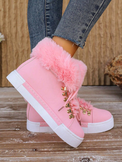 Women'S Fashion round Toe Platform Snow Boots, Mid-Calf Height Faux Fur Trim, Lace up Tiger Mouth Design, Rubber Sole with Stitching, for Casual, Outdoor Snow, Office, Comfortable & Warm, Perfect for Autumn/Winter, Fashionable Pink Snow Boots