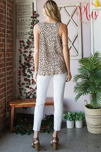 Heimish Full Size Front Button Animal Print Sleeveless Top plus Size