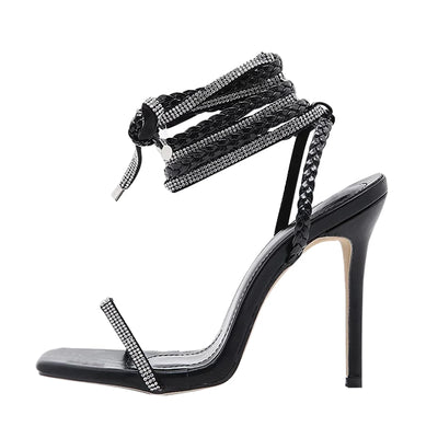 Women Rhinestone Lace up Feather Heels Sexy Strappy High Stiletto Heel Sandals Dress Shoes Open Toe Party Wedding Pump,Black Sandals for Girls,Size 9.5-10