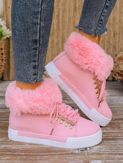Women'S Fashion round Toe Platform Snow Boots, Mid-Calf Height Faux Fur Trim, Lace up Tiger Mouth Design, Rubber Sole with Stitching, for Casual, Outdoor Snow, Office, Comfortable & Warm, Perfect for Autumn/Winter, Fashionable Pink Snow Boots