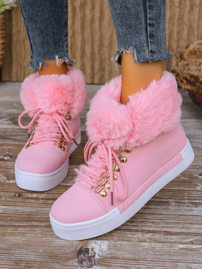 Women'S Fashion round Toe Platform Snow Boots, Mid-Calf Height Faux Fur Trim, Lace up Tiger Mouth Design, Rubber Sole with Stitching, for Casual, Outdoor Snow, Office, Comfortable & Warm, Perfect for Autumn/Winter, Fashionable Pink Snow Boots
