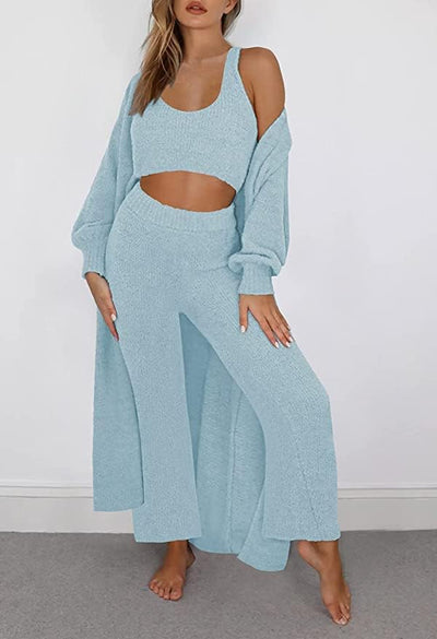 Women'S Fuzzy 3 Piece Sweatsuit Open Front Cardigan Crop Tank Tops Wide Legs Pants Lounge Sets